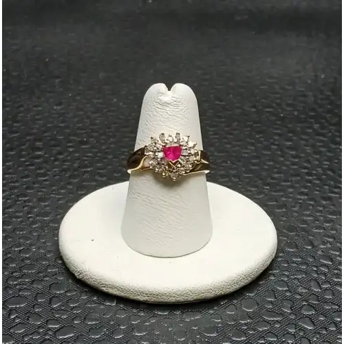 10k Yellow Gold Diamond & Simulated Ruby Heart Ring - B2-7 (5)