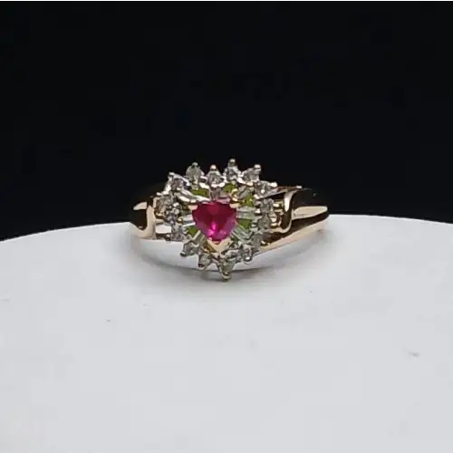 10k Yellow Gold Diamond & Simulated Ruby Heart Ring - B2-7