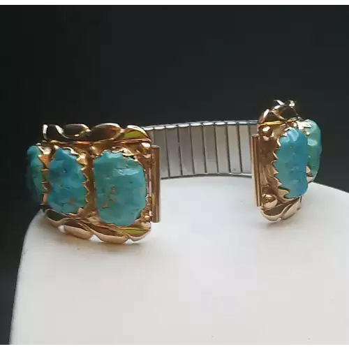  14K GOLD A. ZUNI NAVAJO BLUE TURQUOISE MEN'S WATCH TIPS  - Wch Box1