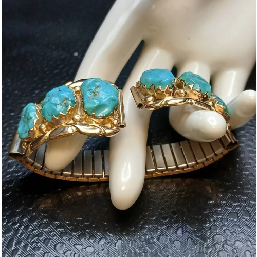 14K GOLD A. ZUNI NAVAJO BLUE TURQUOISE MEN'S WATCH TIPS  - Wch Box3