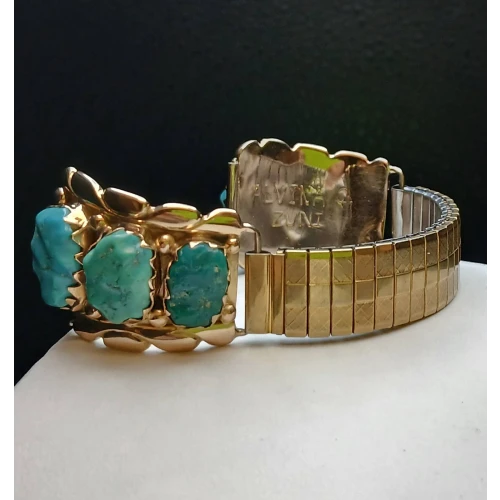 14K GOLD A. ZUNI NAVAJO BLUE TURQUOISE MEN'S WATCH TIPS  - Wch Box2