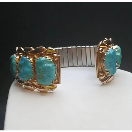 14K GOLD A. ZUNI NAVAJO BLUE TURQUOISE MEN'S WATCH TIPS  - Wch Box1