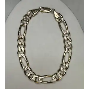 14K Solid Yellow Gold Mens Figaro Diamond Cut Bracelet - B2-2D