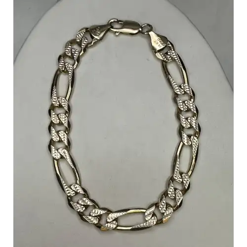 14K Solid Yellow Gold Mens Figaro Diamond Cut Bracelet - B2-2D