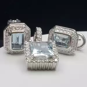 14K White Gold Earrings & Pendant Set Aquamarine & Diamonds B9-7 (5)