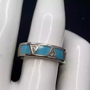 14K White Gold His/Hers Turquoise Diamond Band 6mm Sz 8.5 S10BO16-5