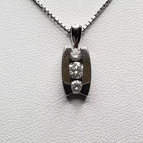 14K White Gold Ladies Necklace with 3 Stone Diamond Pendant - 20