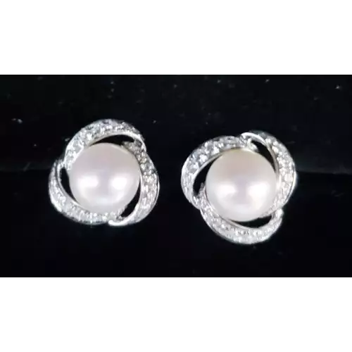 14K White Gold Pearl Earrings with Melee Diamonds B1-5 (2)