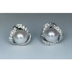 14K White Gold Pearl Earrings with Melee Diamonds B1-5