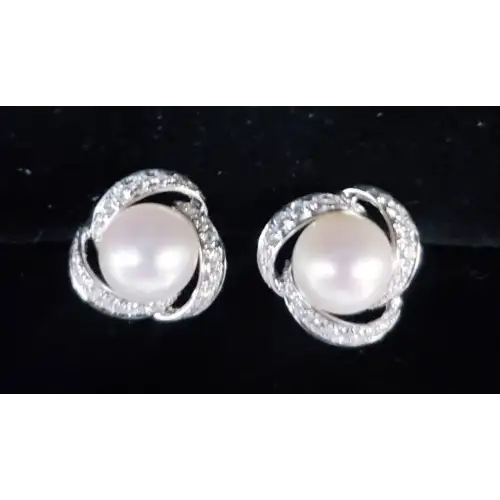14K White Gold Pearl Earrings with Melee Diamonds B1-5 (2)