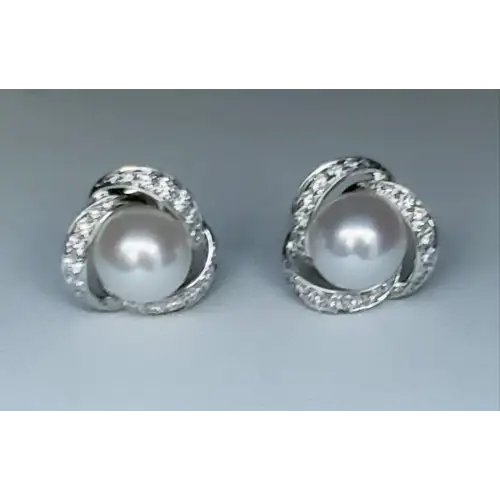 14K White Gold Pearl Earrings with Melee Diamonds B1-5
