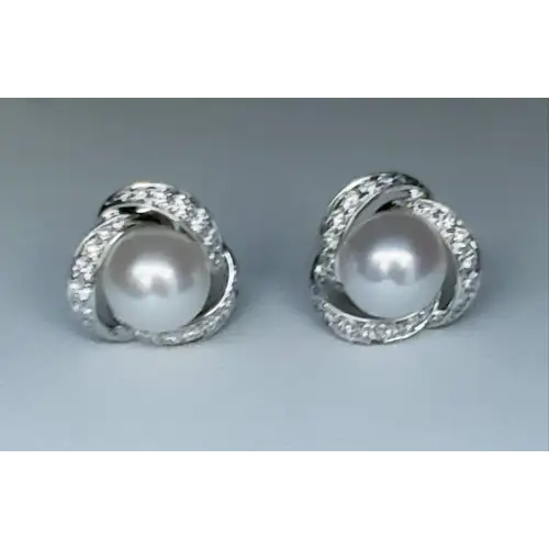 14K White Gold Pearl Earrings with Melee Diamonds B1-5