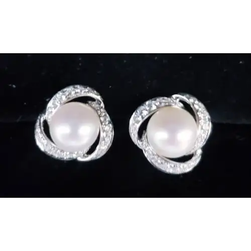 14K White Gold Pearl Earrings with Melee Diamonds B1-5 (2)