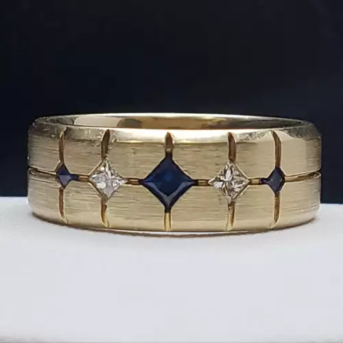 14K Yellow Gold Diamond & Sapphire Men's Wedding Band, Sz. 10. B7-2