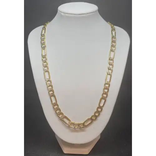 14K Yellow Gold Men's Figaro Chain w/ White Gold Diamond Cut accents 26