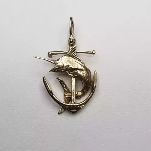 14K Yellow Gold Nautical Pendant - Marlin & Anchor Design, 7.1g B8-6 (4)