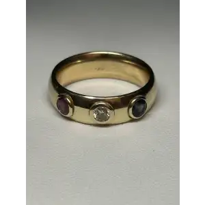 14K Yellow Gold Ring W/ Ruby, Diamond, Sapphire USA RED WHITE & BLUE 4TH JULY 3-6D (3)