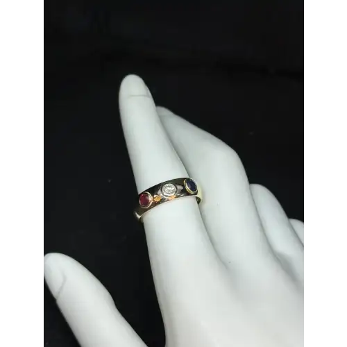 14K Yellow Gold Ring W/ Ruby, Diamond, Sapphire USA RED WHITE & BLUE 4TH JULY 3-6D