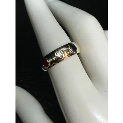 14K Yellow Gold Ring W/ Ruby, Diamond, Sapphire USA RED WHITE & BLUE 4TH JULY 3-6D (2)