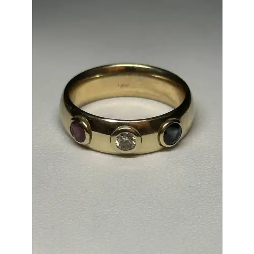 14K Yellow Gold Ring W/ Ruby, Diamond, Sapphire USA RED WHITE & BLUE 4TH JULY 3-6D (3)