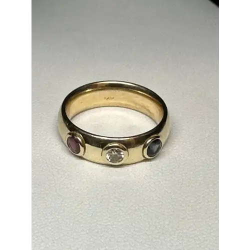 14K Yellow Gold Ring W/ Ruby, Diamond, Sapphire USA RED WHITE & BLUE 4TH JULY 3-6D (4)