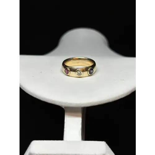 14K Yellow Gold Ring W/ Ruby, Diamond, Sapphire USA RED WHITE & BLUE 4TH JULY 3-6D (5)