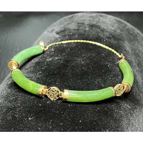 14K YG Vintage Curved Rounded Jade w/Chinese Symbol Link Bracelet. B8-5 (2)