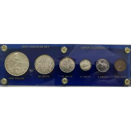 1953 Canadian Queen Elizabeth II Silver 6 Coin Set, 1 Dollar, 50 Cents, 25 Cents, 10 Cents, 5 Cents, 1 Cent