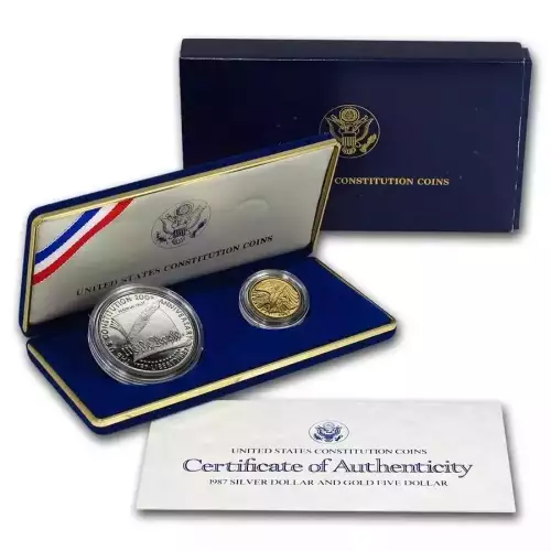 1987 US Constitution 2 Coin Proof Set $5 W Gold & $1 Dollar Silver S US Mint