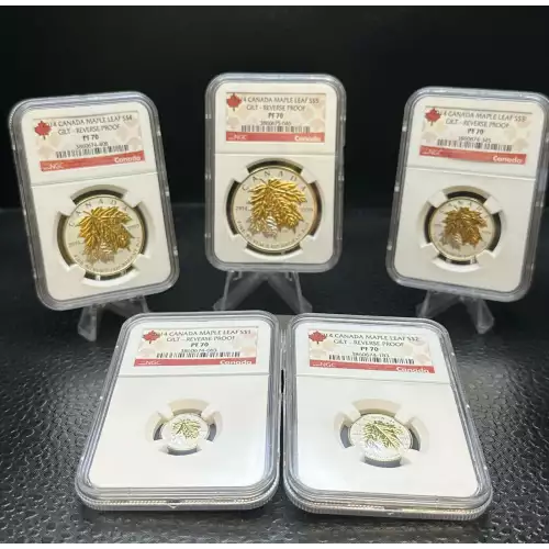 2014 CANADA SILVER MAPLE NGC PF 70 S$5 GILT-REVERSE PROOF 5 COIN SET RED