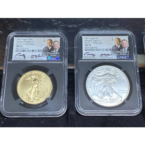 2021 -T-1 & T-2 Four Coin Set - 2 ea 1 oz Gold Eagles & 2 ea 1 oz Silver Eagles - MS 70  Mint Directors Series Signed Moy/Ryder (6)