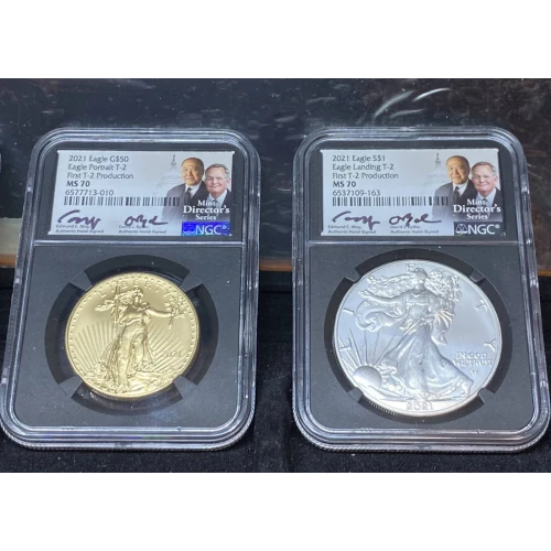 2021 -T-1 & T-2 Four Coin Set - 2 ea 1 oz Gold Eagles & 2 ea 1 oz Silver Eagles - MS 70  Mint Directors Series Signed Moy/Ryder (9)