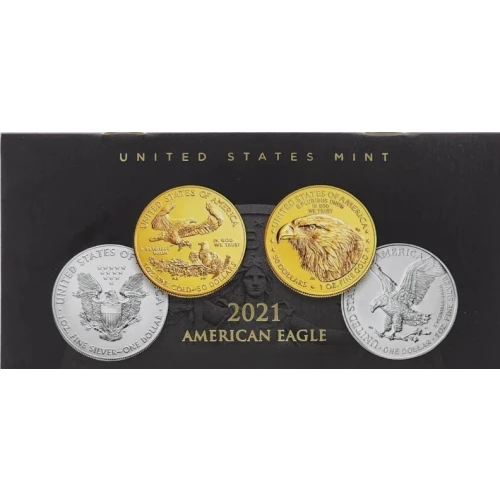 2021 -T-1 & T-2 Four Coin Set - 2 ea 1 oz Gold Eagles & 2 ea 1 oz Silver Eagles - MS 70  Mint Directors Series Signed Moy/Ryder