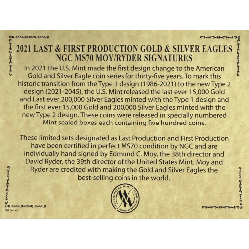2021 -T-1 & T-2 Four Coin Set - 2 ea 1 oz Gold Eagles & 2 ea 1 oz Silver Eagles - MS 70  Mint Directors Series Signed Moy/Ryder (2)