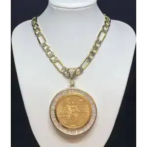 50 Peso Centenario Gold Coin set in a 14K YG Bezel attached to a 14K UNI-Sex Figaro  style Chain 24