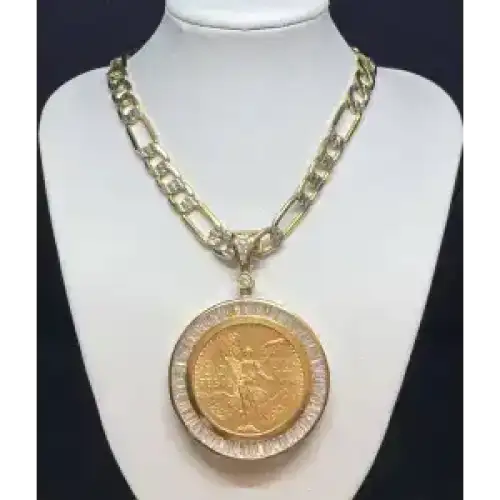 50 Peso Centenario Gold Coin set in a 14K YG Bezel attached to a 14K UNI-Sex Figaro  style Chain 24