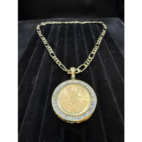50 Peso Centenario Gold Coin set in a 14K YG Bezel attached to a 14K UNI-Sex Figaro  style Chain 24