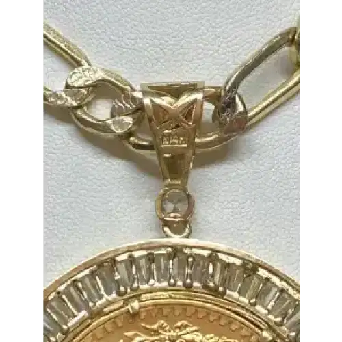 50 Peso Centenario Gold Coin set in a 14K YG Bezel attached to a 14K UNI-Sex Figaro  style Chain 24