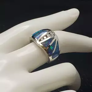 Diamond and Blue Fire Opal Sterling Silver Ring Sz. 8 B2-7