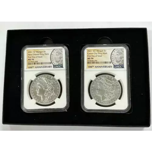 Morgan Dollar 2021 Carson City - New Orleans 2 Coin Set Privy Mark FDOI - MS 70