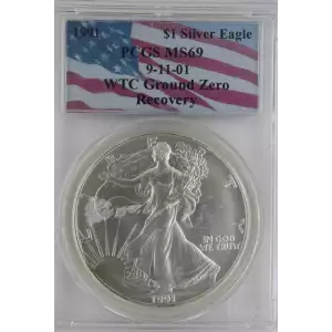 1991-P American Silver Eagle PCGS MS69 #72224644 WTC Ground Zero Recovery 9-11-01
This coin was in the basement vault of the World Trade Center Building on that horrible day.