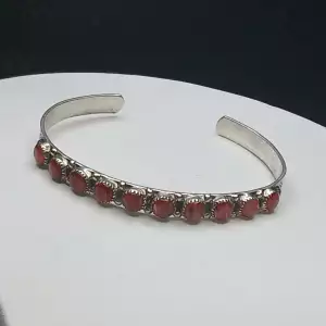 Zuni Sterling Silver & Red Coral Bangle Bracelet B10-5 (4)