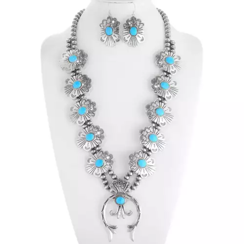 SQUASH BLOSSOM TURQUOSE NECKLACE, EARRINGS, BRACELET SET - sold on ebay  2/15/24