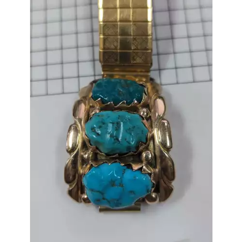 VINTAGE 14K GOLD NAVAJO BLUE TURQUOISE MEN'S WATCH TIPS  - in Dia Box1